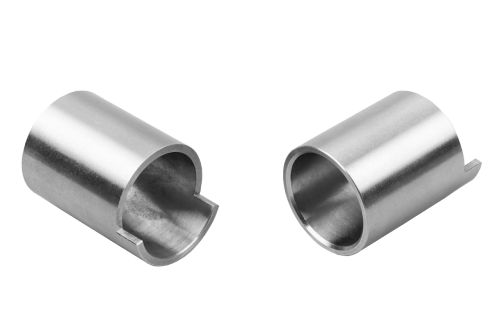 Two stainless steel CNC-turned bushing parts with precision slots