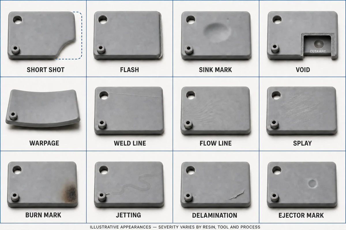 12 common injection molding defects including sink marks, flash, short shot, splay and burn marks