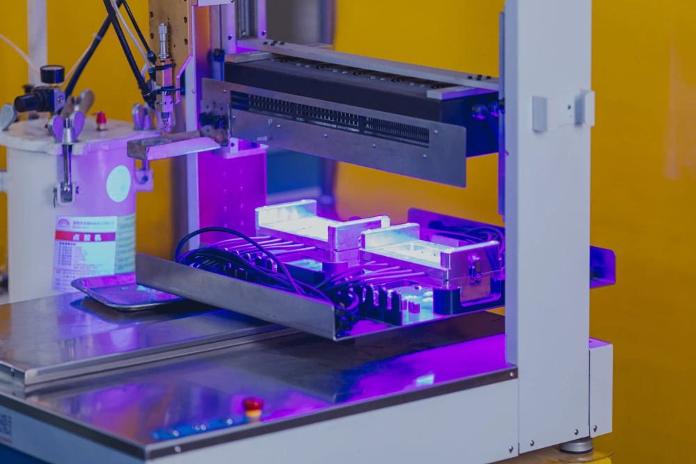 Automated dispensing machine applying material to parts held in a fixture tray beneath a UV curing lamp