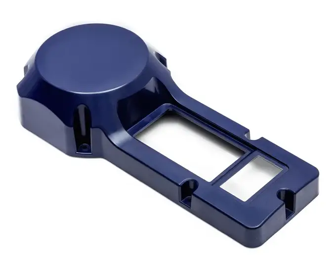 Glossy dark blue molded plastic motor housing with color-matched finish and cutout windows