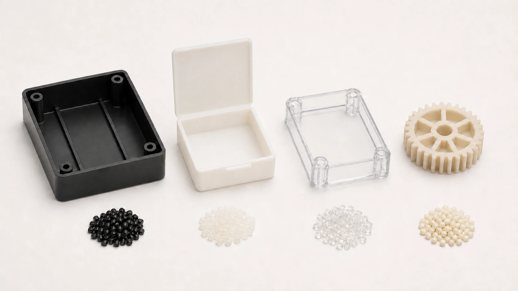 Black, natural, clear, and ivory injection-molded parts displayed with pellets in corresponding representative colors.
