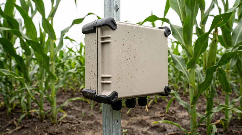 Outdoor agritech electronic device enclosure assemblies