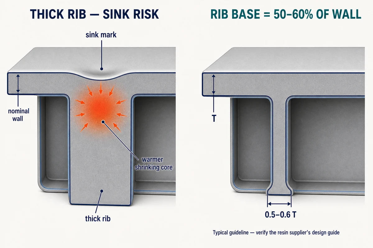 Sink mark formation at rib junction showing recommended rib thickness of 50 to 60 percent of nominal wall