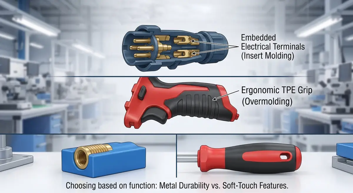 Side-by-side diagram comparing insert molding (single-shot mold with brass insert) and overmolding (two-shot mold with TPE grip layer)