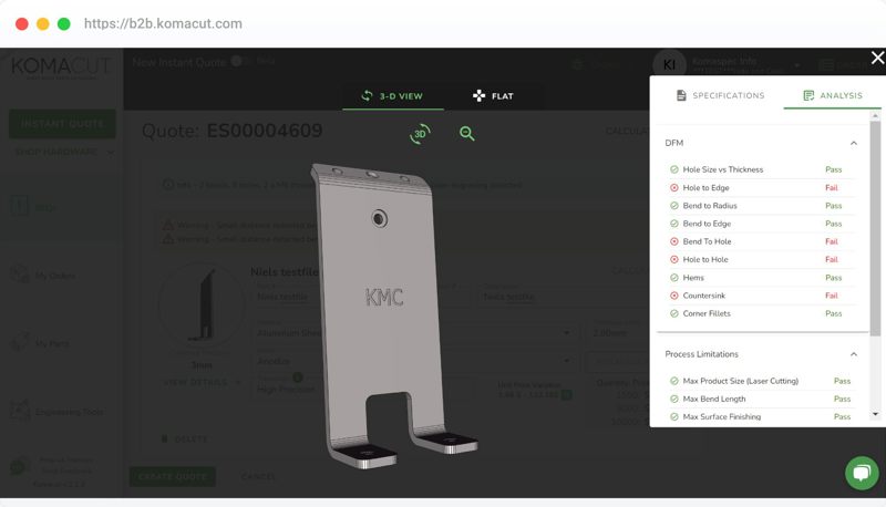 Instant manufacturability feedback on your design on Komacut