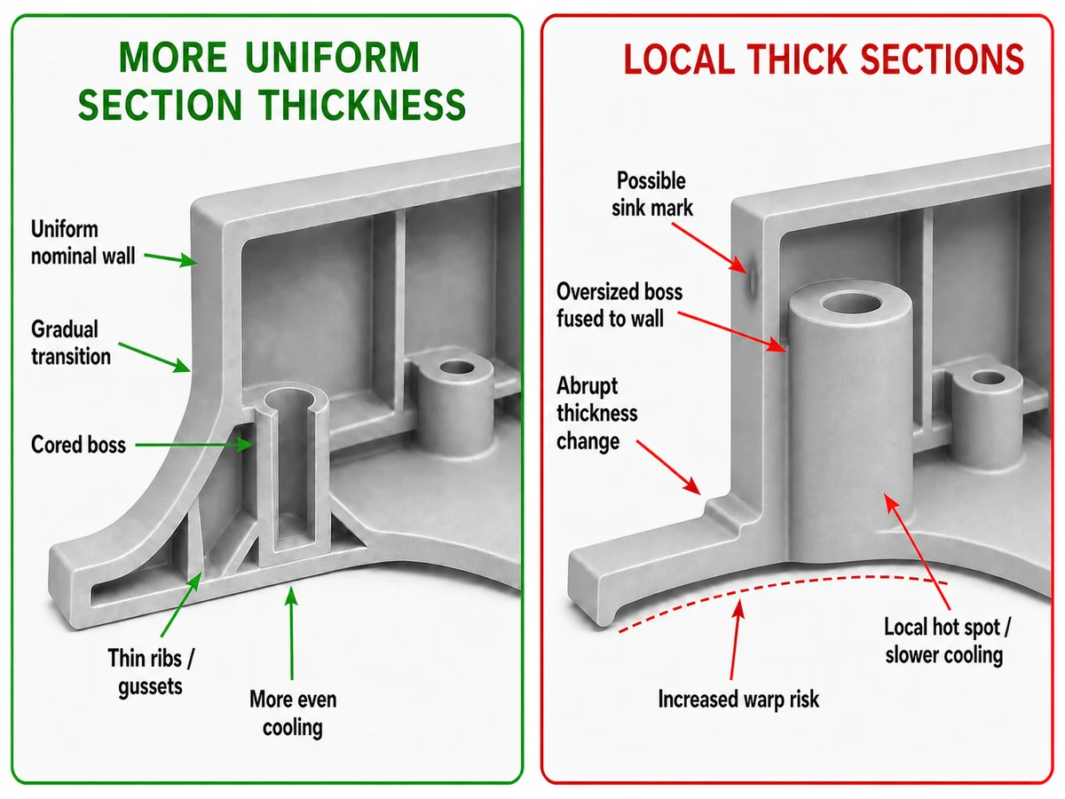 Cross-section comparing uniform and uneven wall thickness in a molded part, showing sink marks and warp risk