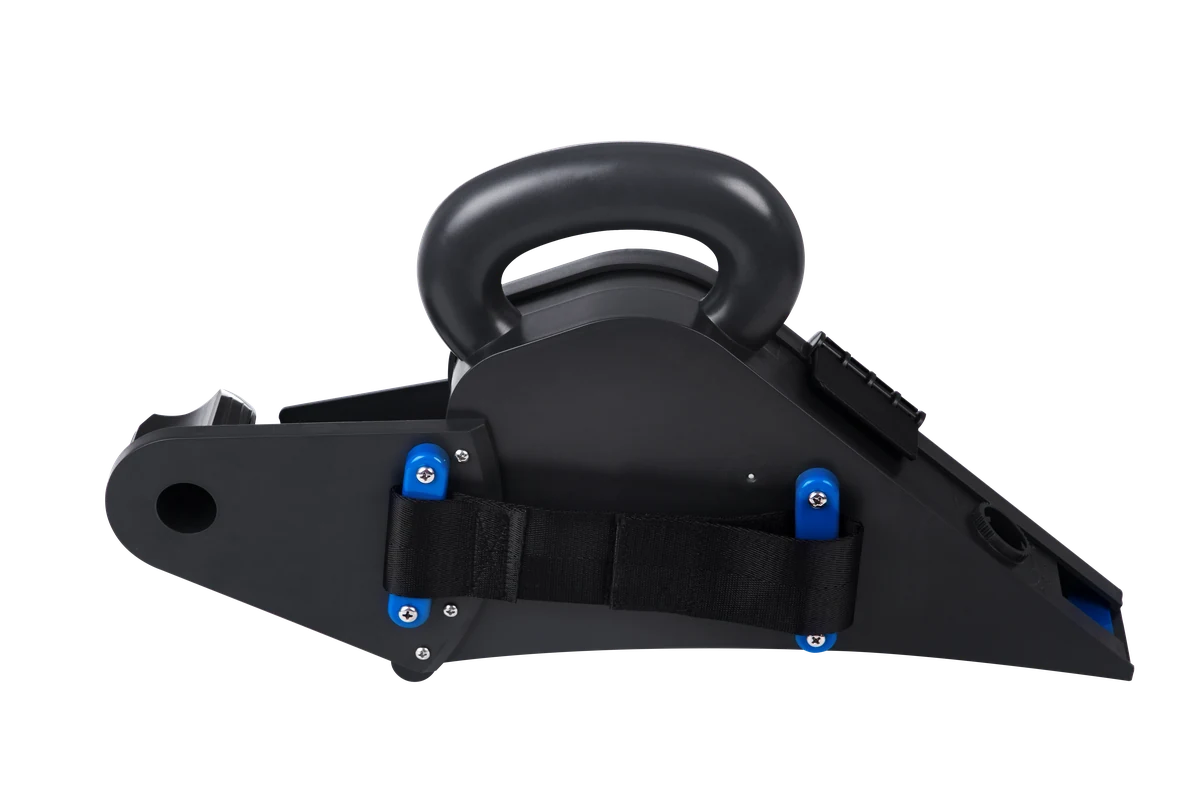 Black plastic bracket handle with blue TPE bump stops overmolded onto the rigid substrate