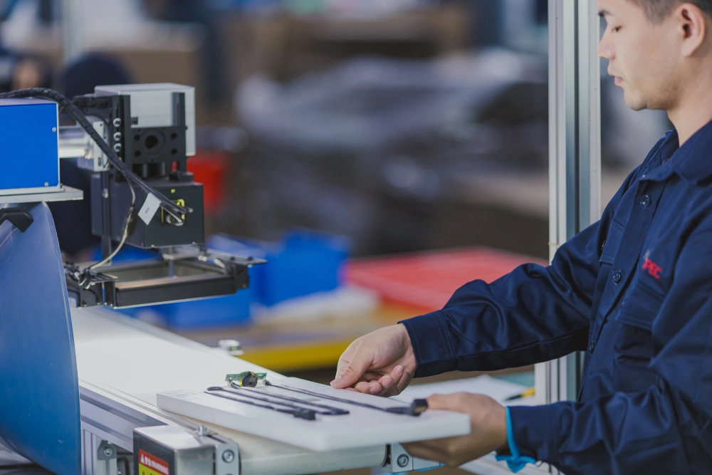 Operator loading a small PCBA with an attached moulded cable into an automated work cell