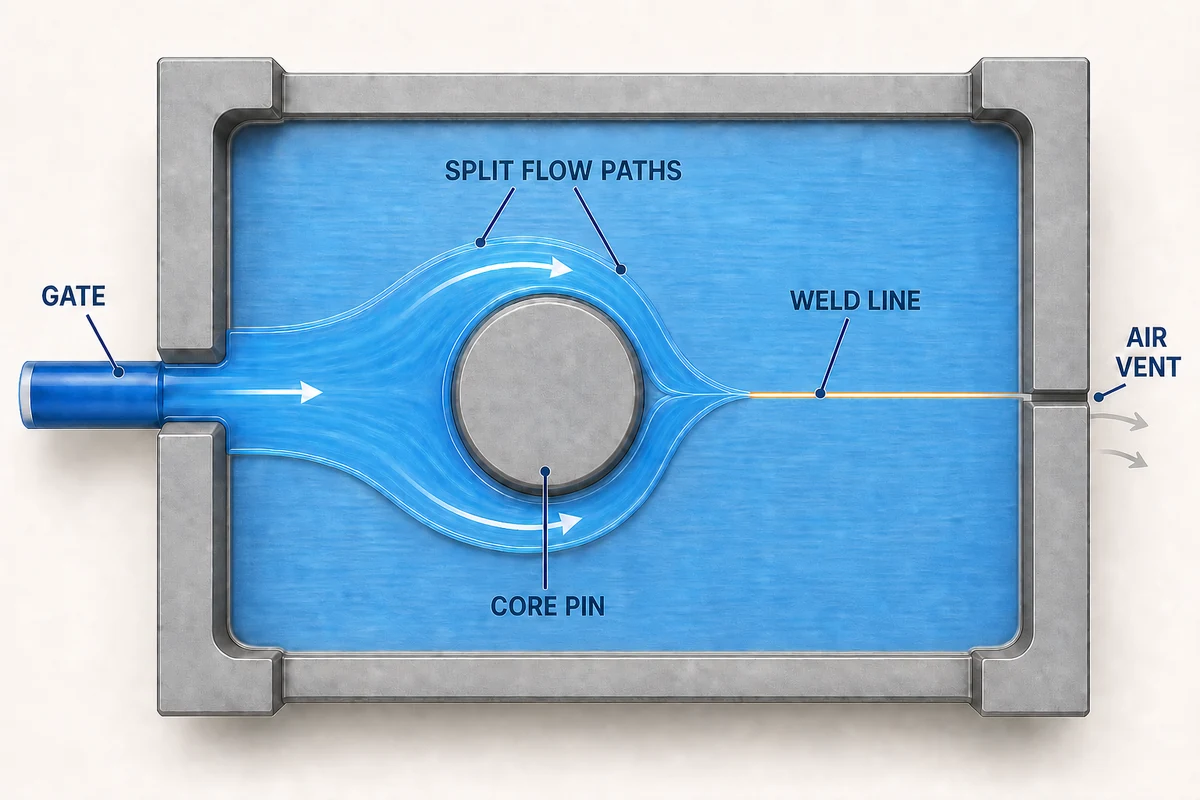 Weld line formation where injection molding flow fronts meet around a hole