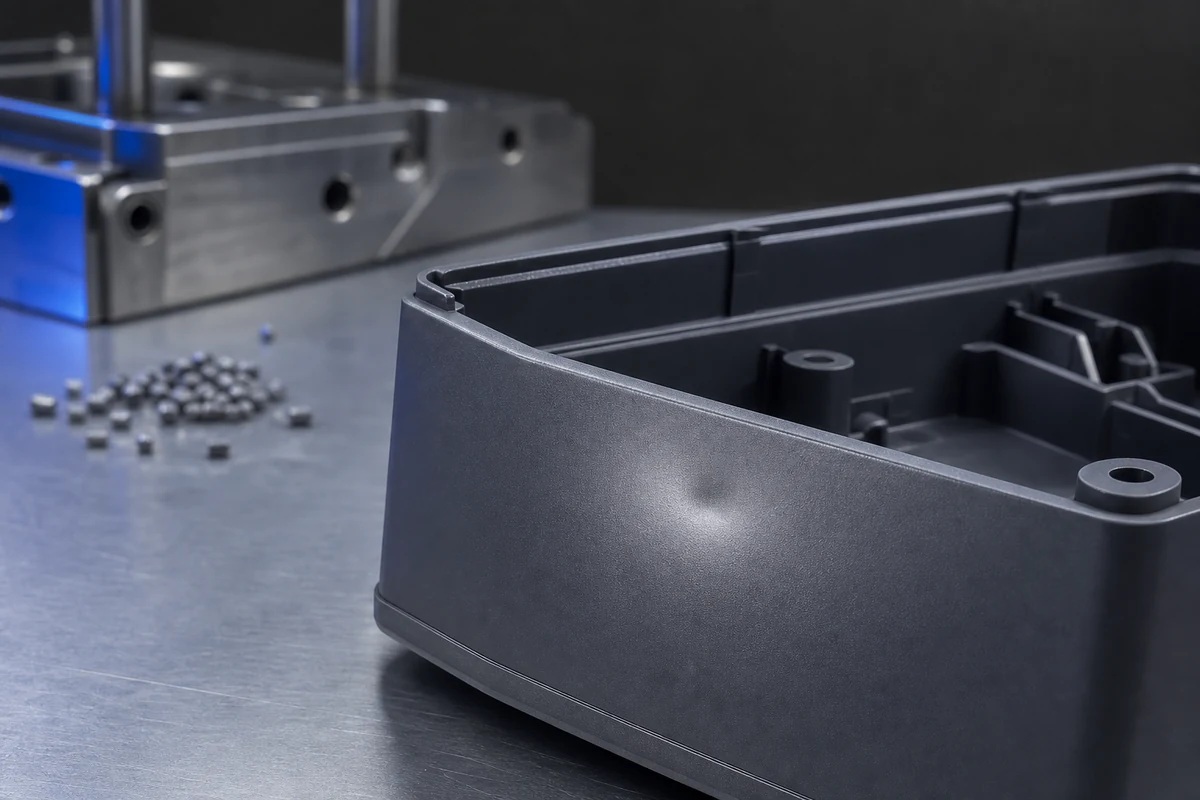 Injection molded plastic housing with a visible sink mark next to the mold tool and resin pellets