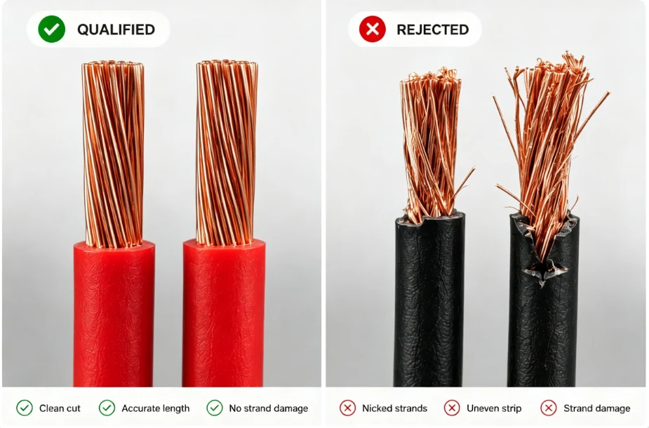 Qualified versus rejected wire stripping showing clean cut and nicked strands