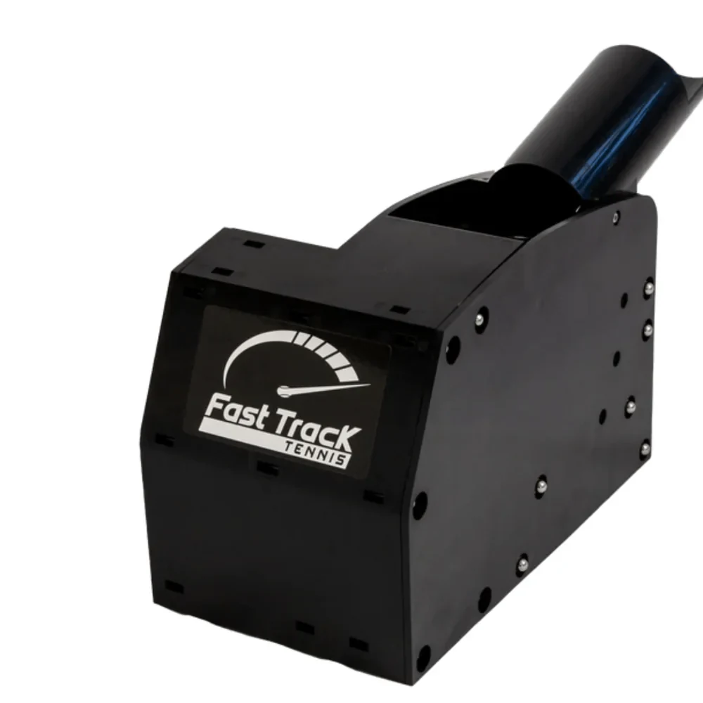 Finished black motorised tennis practice machine with launch tube, manufactured by Komaspec
