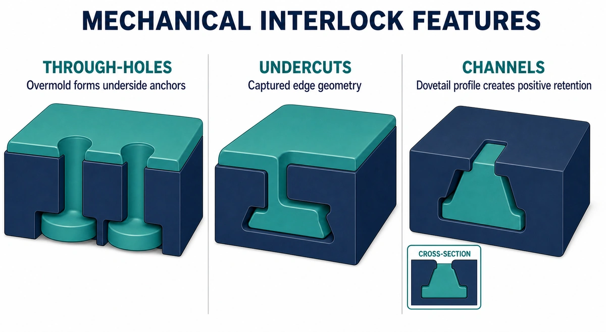 Through-hole, undercut, and channel interlock features used to mechanically retain an overmold