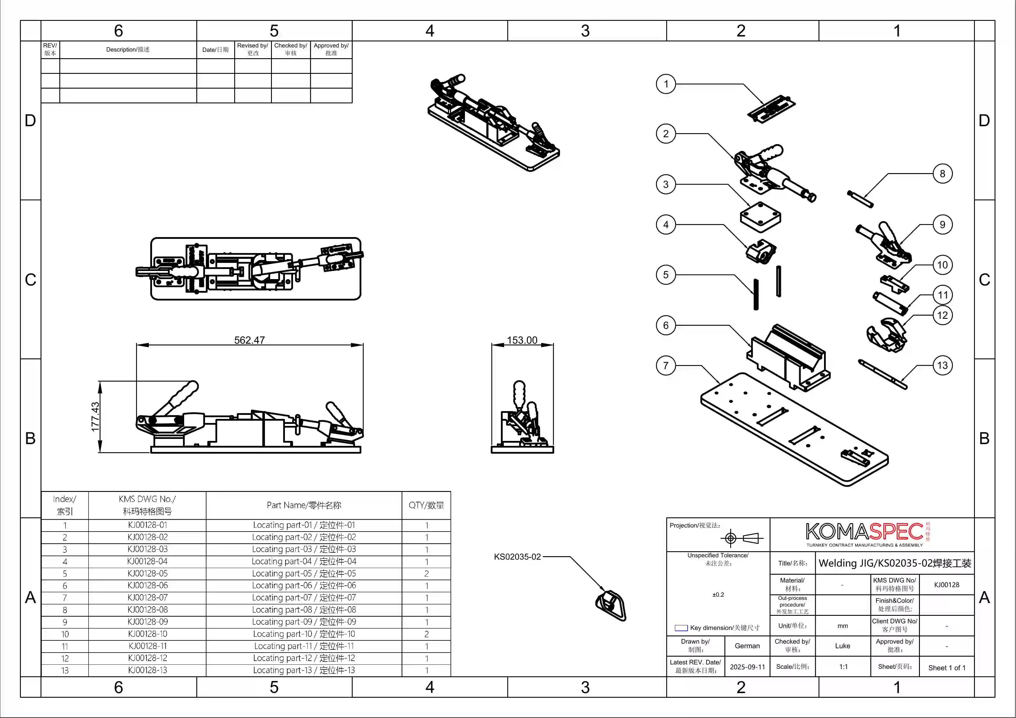 Komaspec welding jig drawing KJ00128, with toggle clamps and a bill of materials listing thirteen machined locating parts.