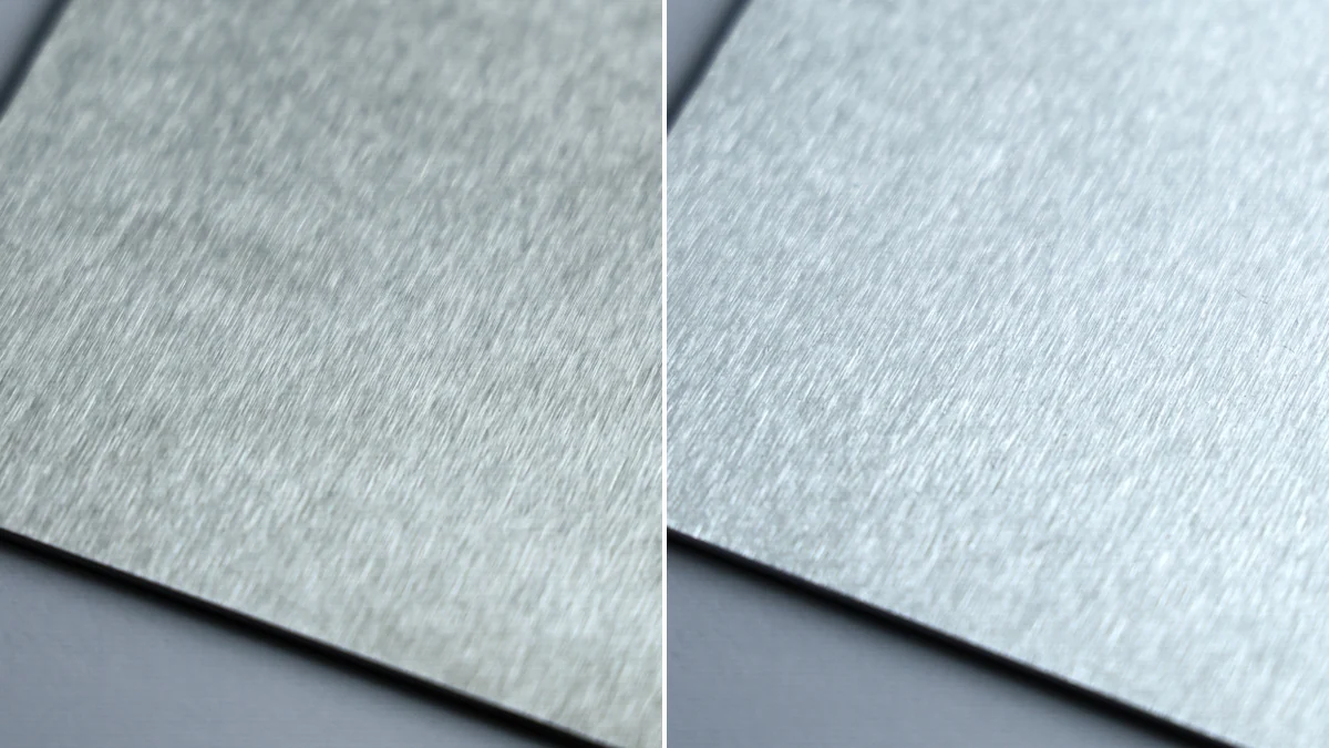 Brushed stainless steel and brushed aluminum sheet samples side by side showing directional satin grain