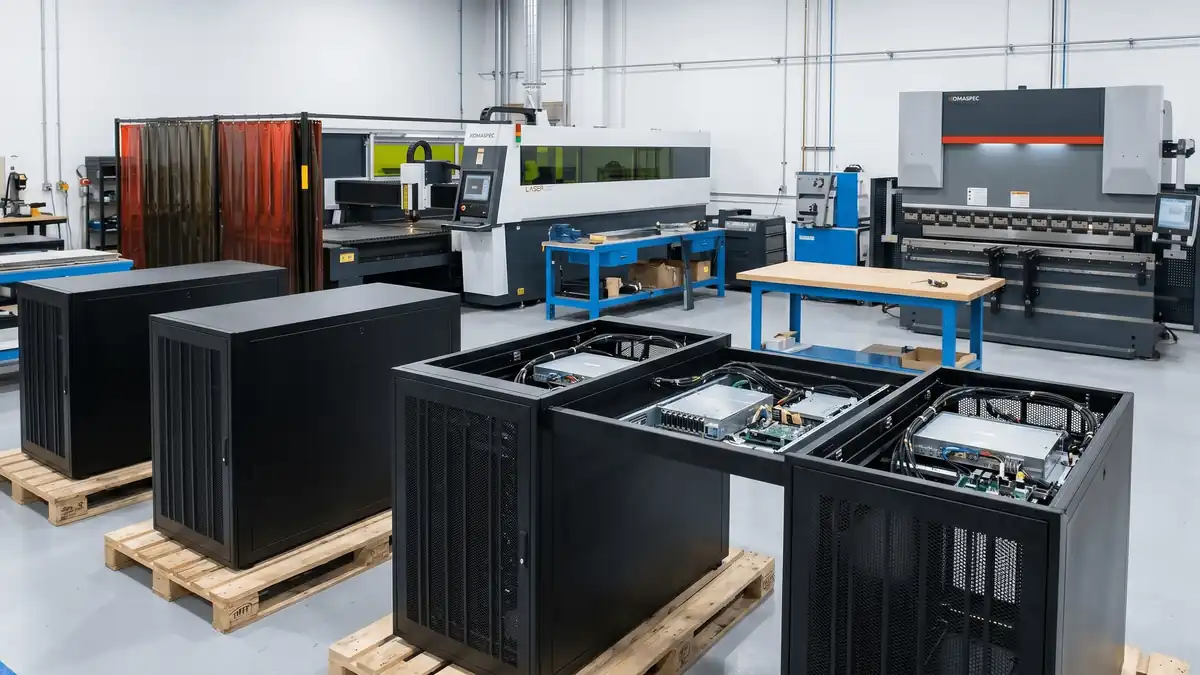 Assembled Komaspec server rack panels and custom sheet metal data center box build enclosures
