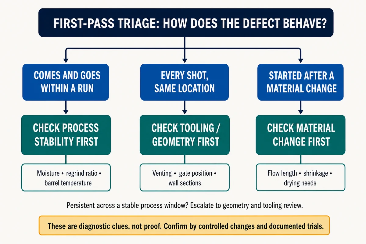 Injection molding defect diagnosis flowchart separating process, mold, material and design causes