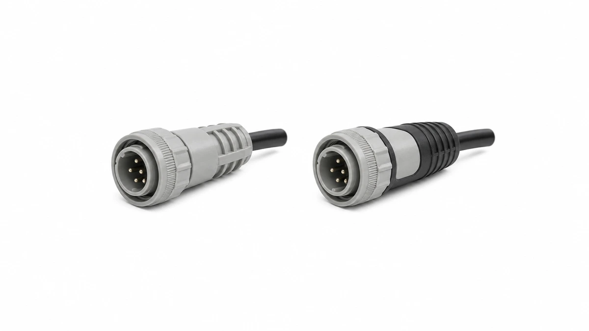 Rigid connector housing shown before and after overmolding with a black strain-relief boot