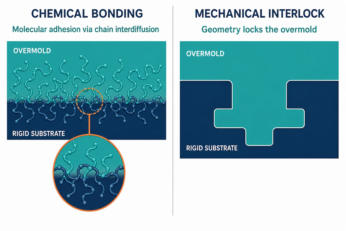 Diagram comparing chemical bonding and mechanical interlock adhesion in overmolding