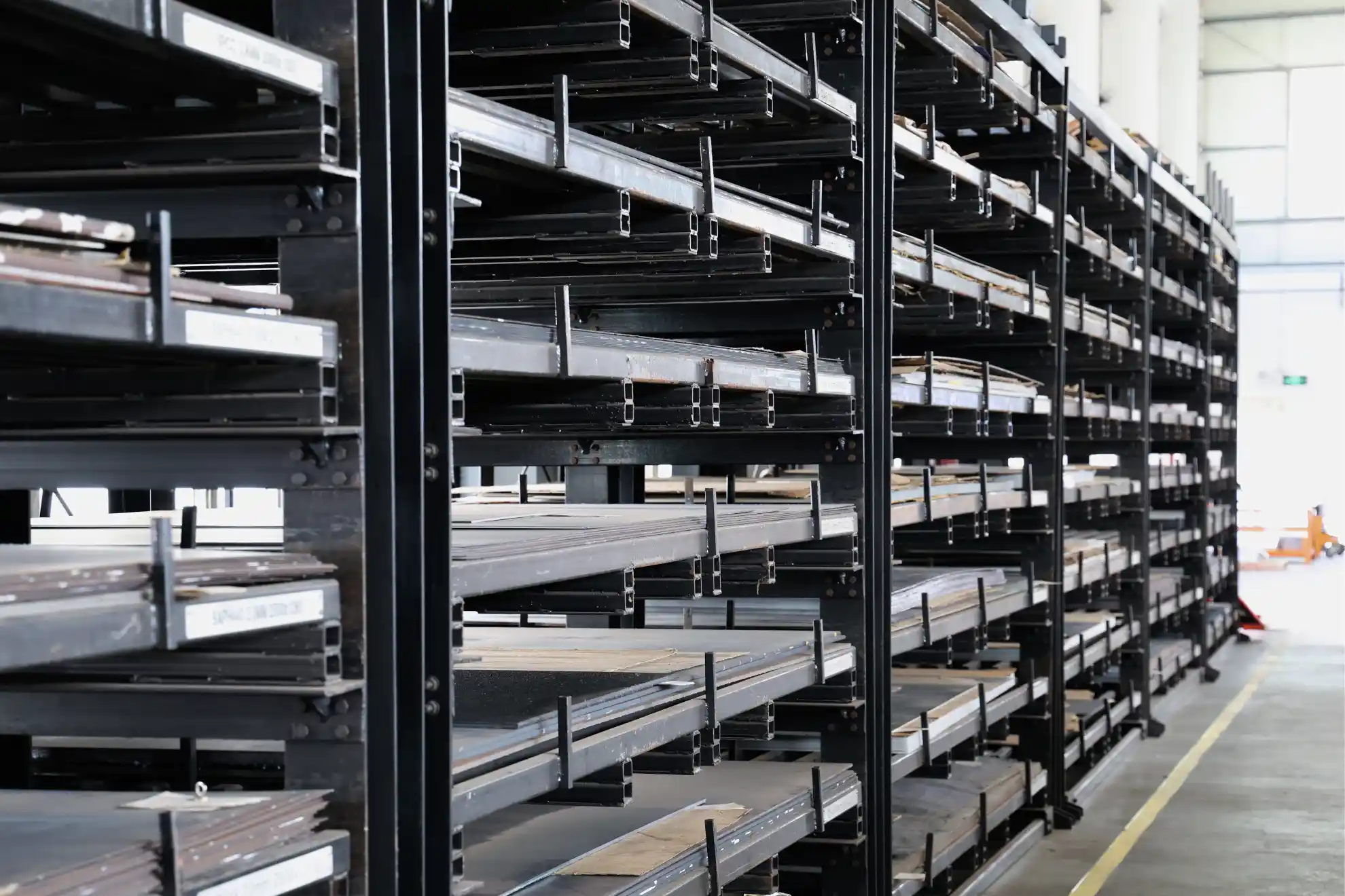 Multi-level storage racks holding sheet metal stock in a fabrication warehouse