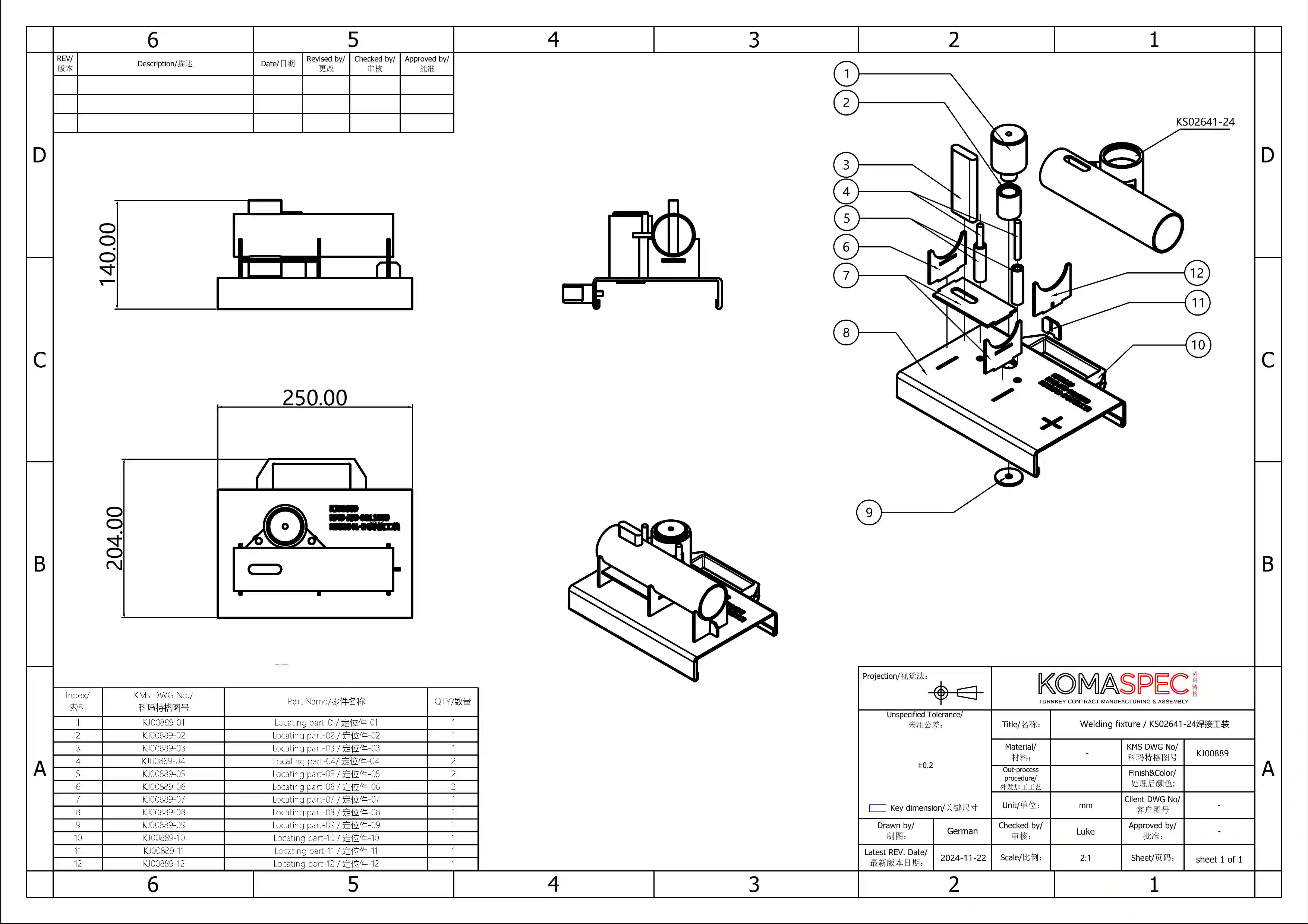 Komaspec welding fixture drawing KJ00889, showing a round tube held in curved saddles above a sheet metal bracket, with twelve locating parts listed.
