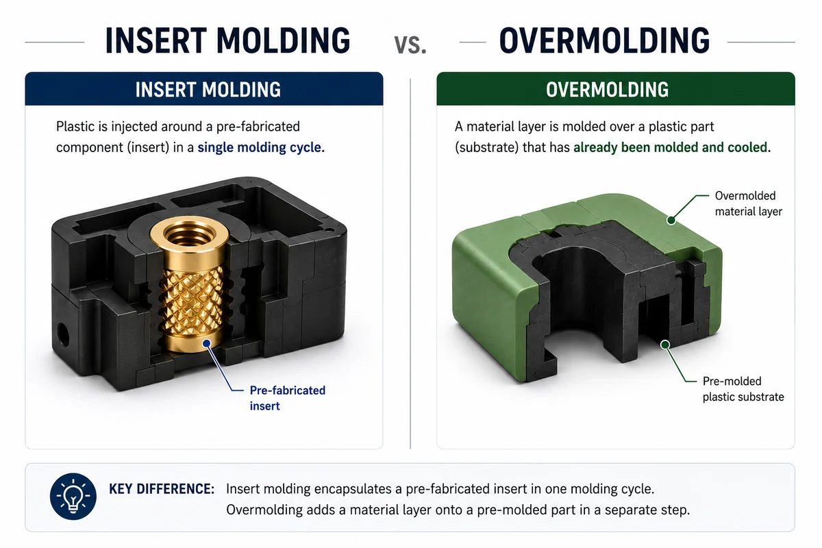 Side-by-side diagram comparing insert molding and overmolding processes