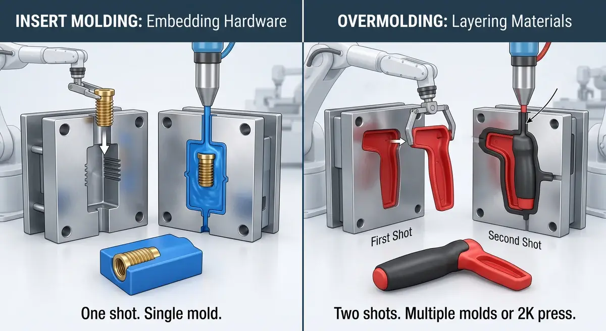 Comparison graphic showing embedded electrical terminals from insert molding versus an ergonomic TPE grip from overmolding, plus a threaded insert block and a soft-grip screwdriver handle