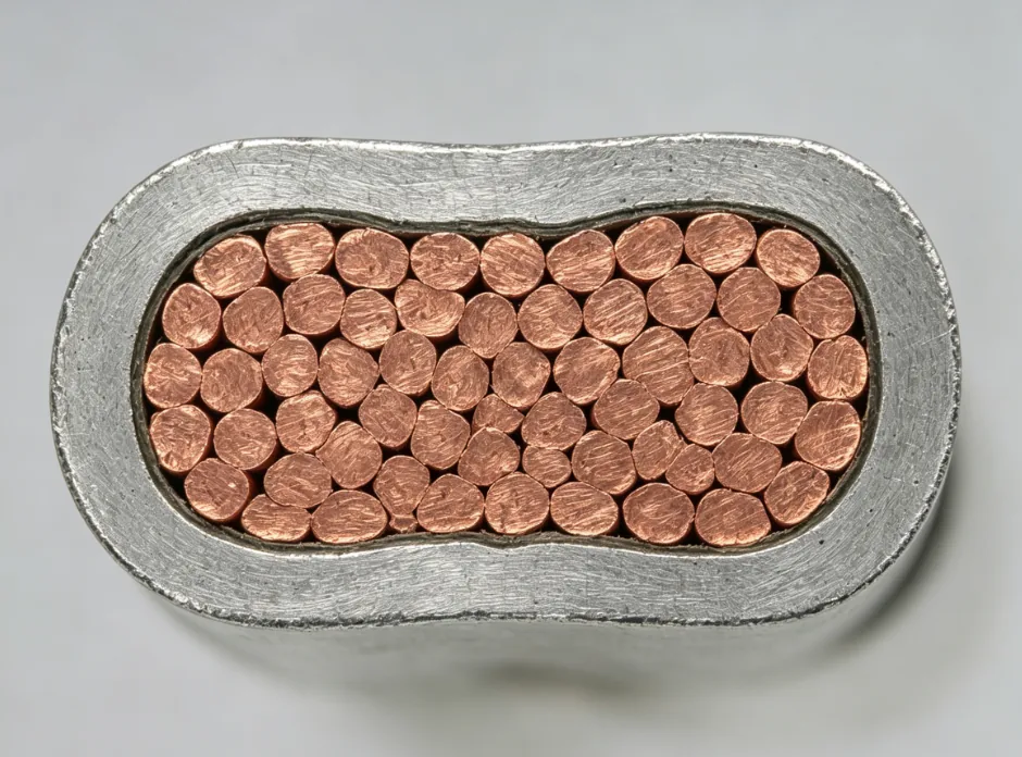 Cross-section of a crimped wire terminal showing conductor strands in the barrel