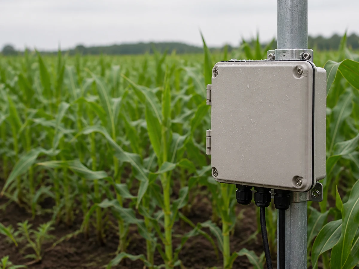Agritech sensor enclosure installed in a field setting