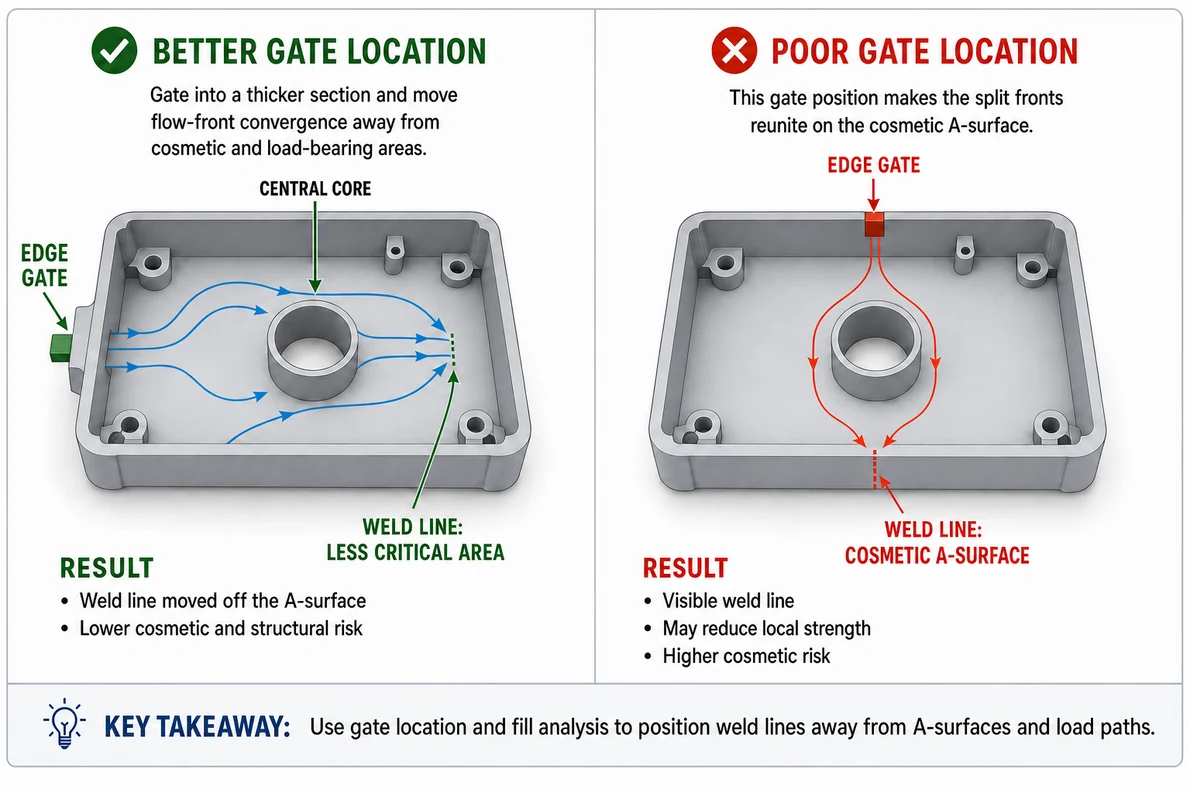 Diagram comparing better and poor gate locations, showing flow fronts and where the weld line forms